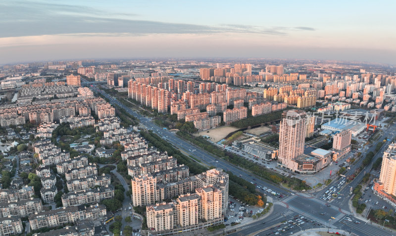 航拍昆山城市建筑日落风光大景