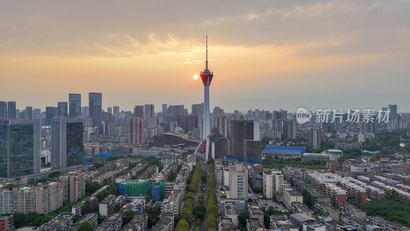 航拍成都夕阳天府熊猫塔摄影图