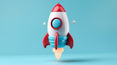 卡通风格3D渲染火箭：蓝红色系探险之旅