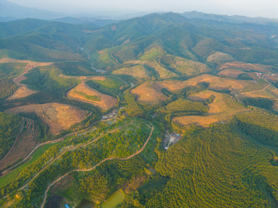 航拍山间梯田茶园田园风光