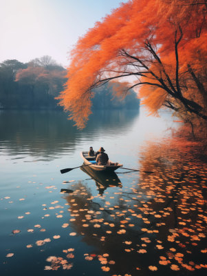 小船在飘满落叶的湖面行驶