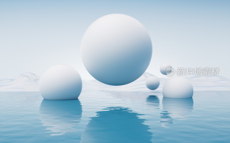 水面与球体超现实背景3D渲染