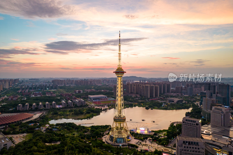 中国湖南省株洲市天元区神农塔夜景航拍