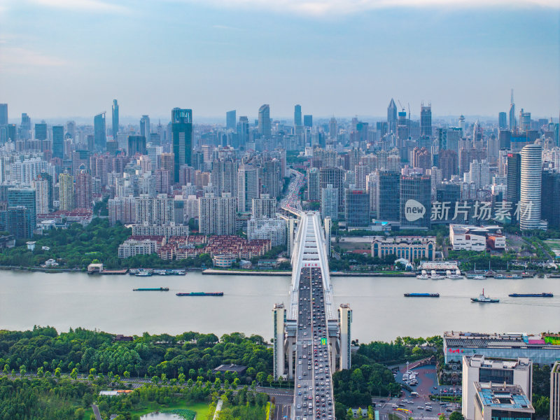 航拍上海现代都市陆家嘴城市天际线卢浦大桥