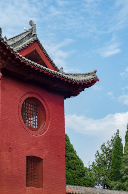 中国洛阳白马寺古建筑屋檐有鸽子停留