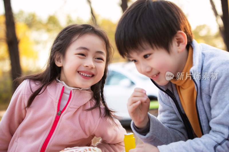 可爱的男孩女孩户外野餐