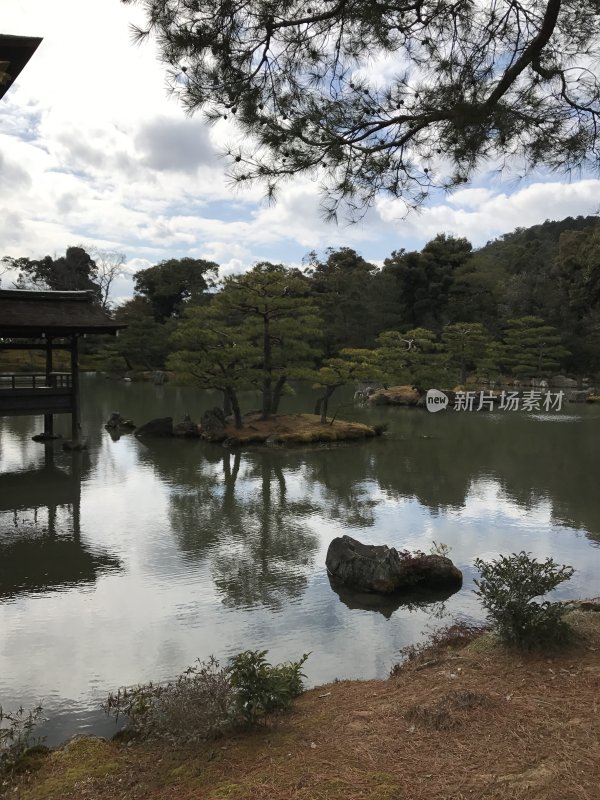 宁静池塘边有树木与亭子的自然景观