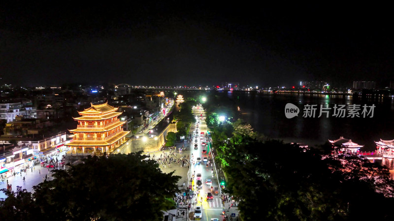 广东潮州古城夜景航拍