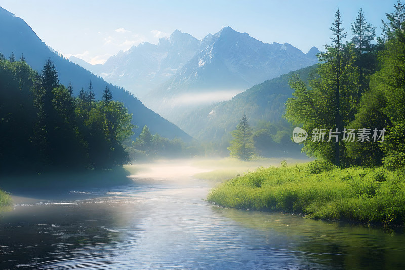 河流树木山峰天空风景