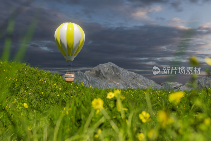 草原上飞行的热气球 三维渲染