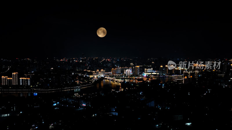 福州夜景照片航拍城市超级月亮福州中秋月亮