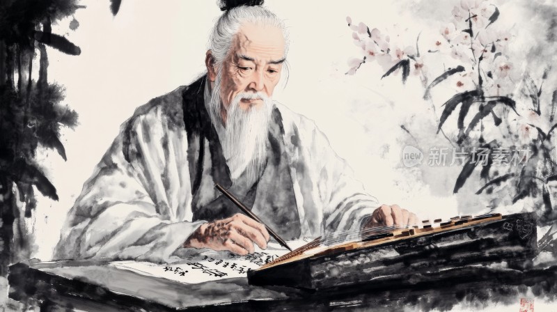 古代老者书写毛笔字场景