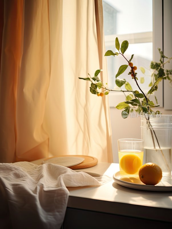 小清新家居场景台面窗帘和桌子上的绿植