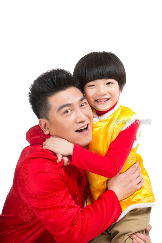 棚拍中国新年快乐的唐装父子