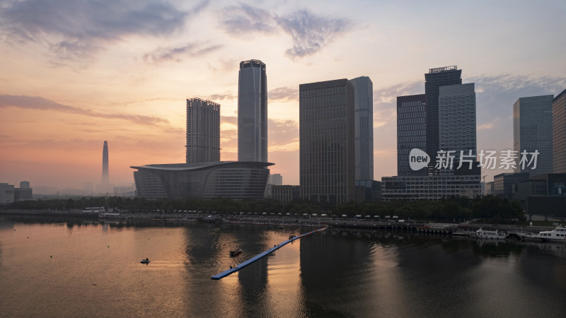 天津滨海海河响螺湾于家堡日出城市风光航拍