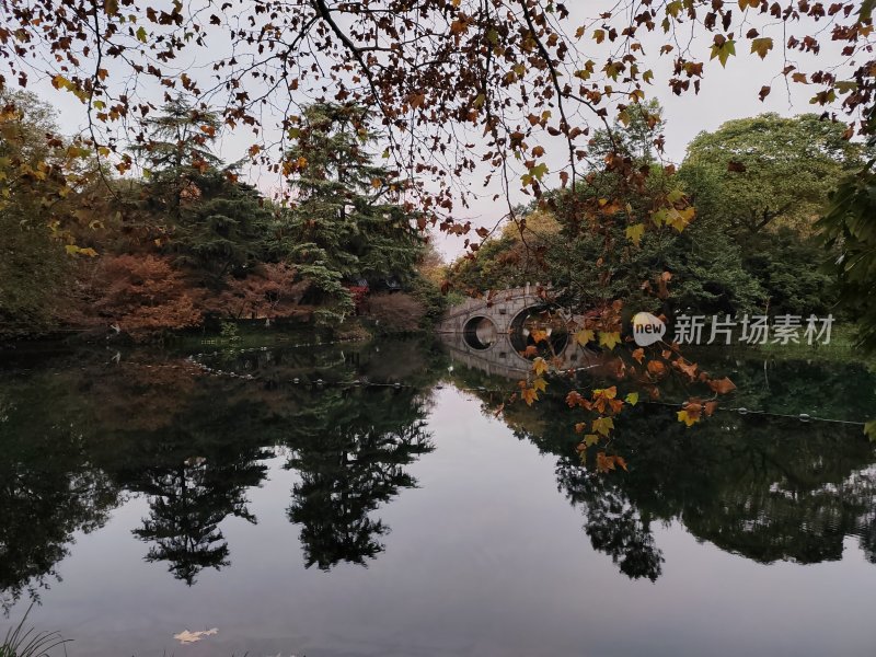 有石桥的湖水倒映岸边秋景