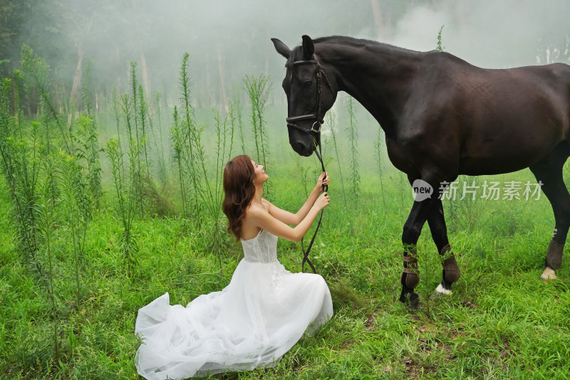 仙境中的漂亮青年女人和马