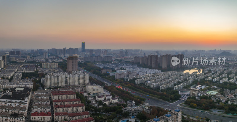 航拍昆山城市秋冬夕阳风光