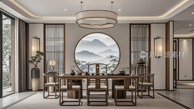 新中式餐厅室内设计样板间家居生活背景图