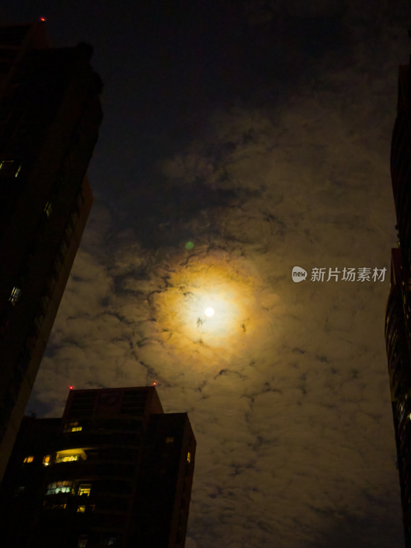 夜间夜空月亮照明建筑物的低角度视图
