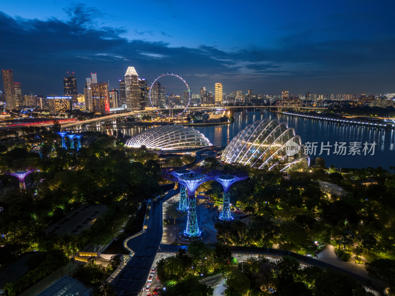 新加坡滨海湾金沙海滨奥林匹克蓝调夜景航拍