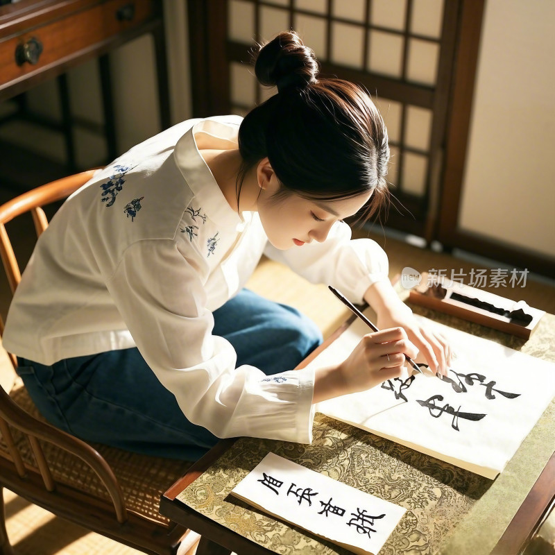 女子专注书写毛笔字