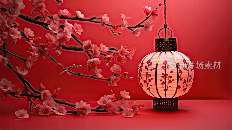 红色背景上的中国传统节日氛围元素，灯笼