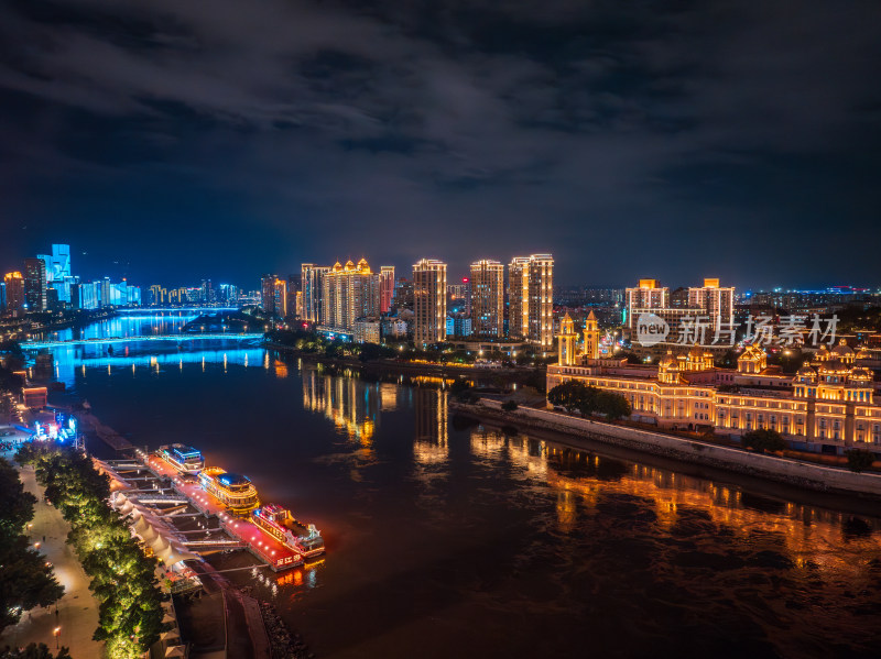 福建福州闽江航拍城市夜景流光溢彩璀璨夜色