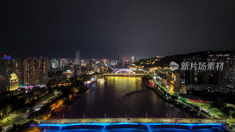 甘肃兰州黄河两岸夜景灯光航拍图