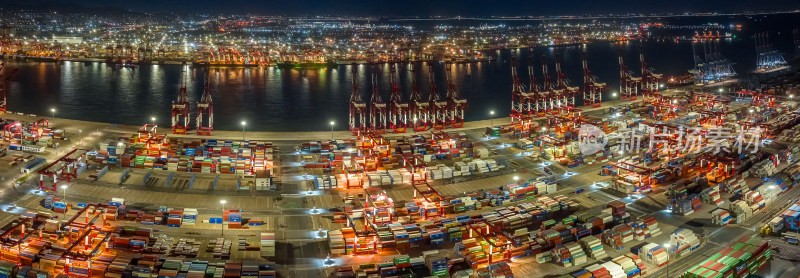 青岛港集装箱货运码头夜晚航拍全景图