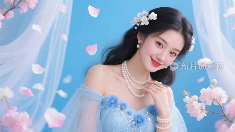 身着蓝纱裙的女性人像