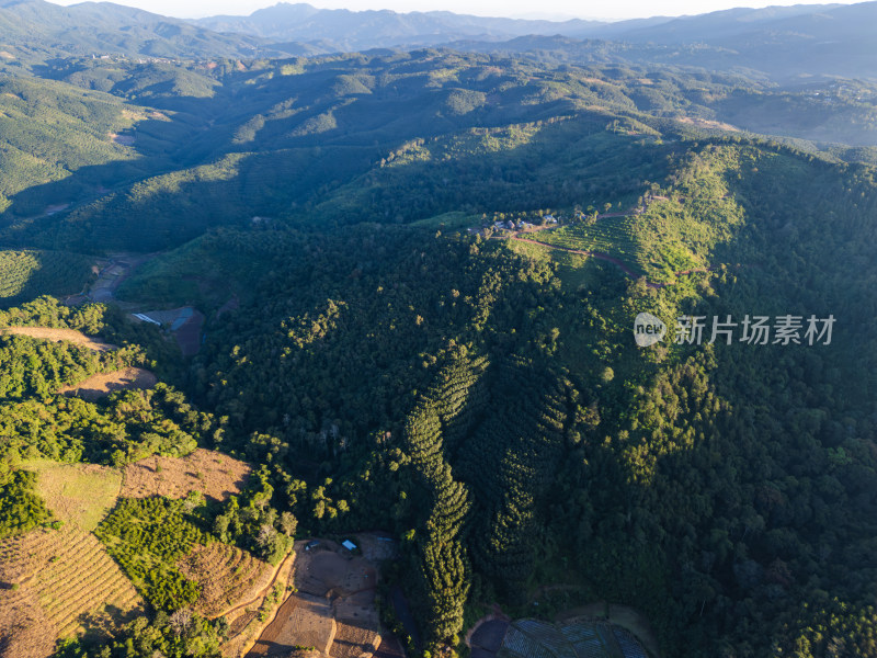 航拍视角下的大片绿色山林山脉全景