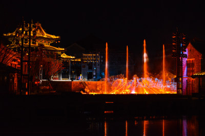 济南明水古城古建筑夜景无人机灯光秀泉秀