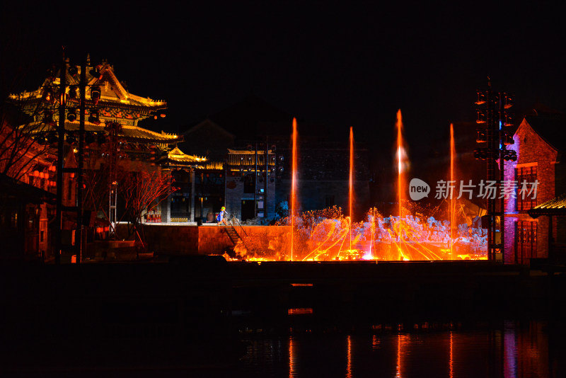 济南明水古城古建筑夜景无人机灯光秀泉秀