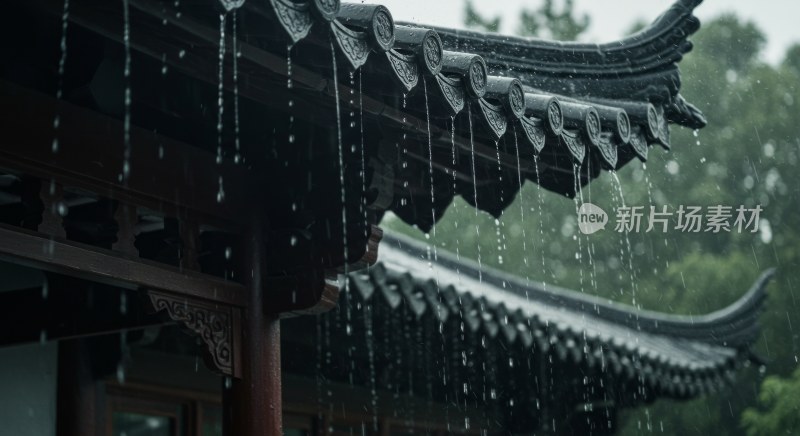 雨中传统古建筑屋顶景象