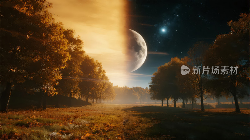 奇幻森林夜晚月亮星球唯美梦幻背景图