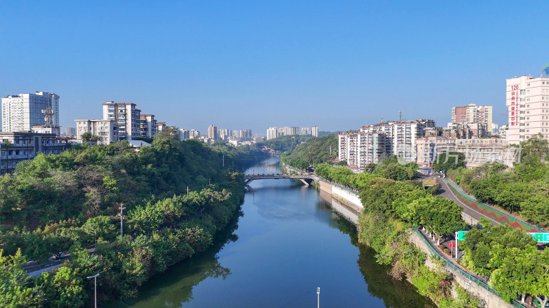 航拍四川自贡城市建设釜溪河风光