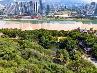 宜宾城市大景绿化植物航拍图