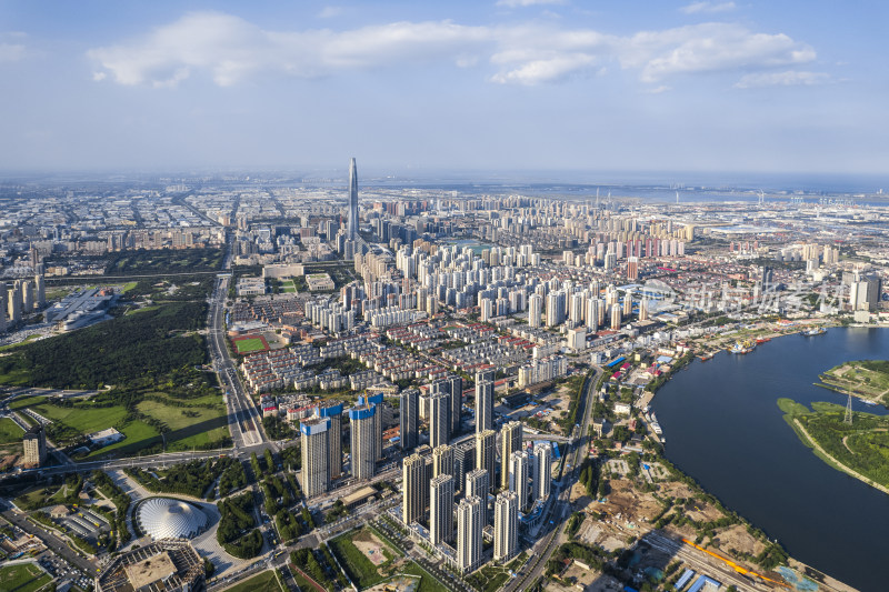 天津滨海新区于家堡海河风景城市风光航拍