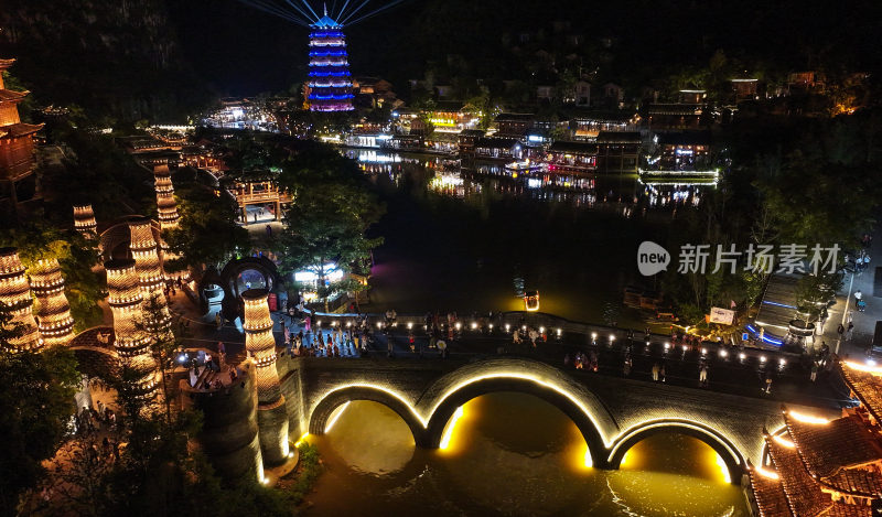 航拍贵州峰林布依夜景