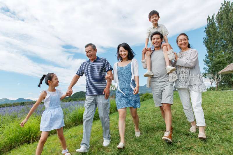 在草地上散步的幸福家庭