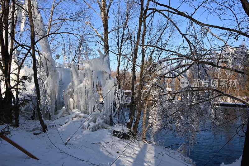 冰雪覆盖树木形成冰柱的冬季景观