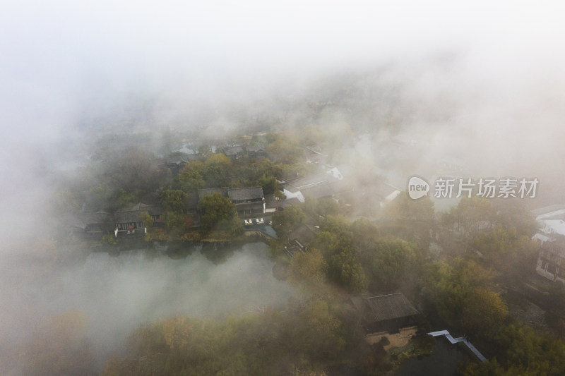 杭州西溪湿地公园秋天云雾航拍