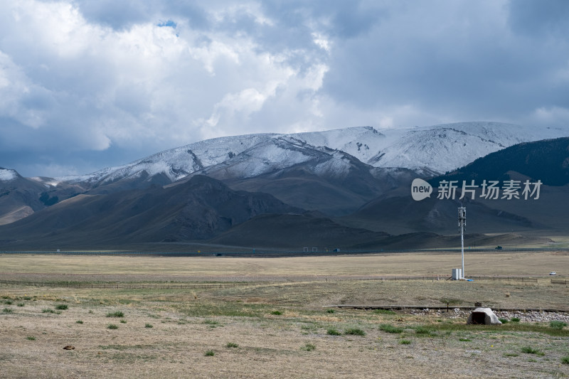 新疆天山蓝天白云下的草原雪山风光