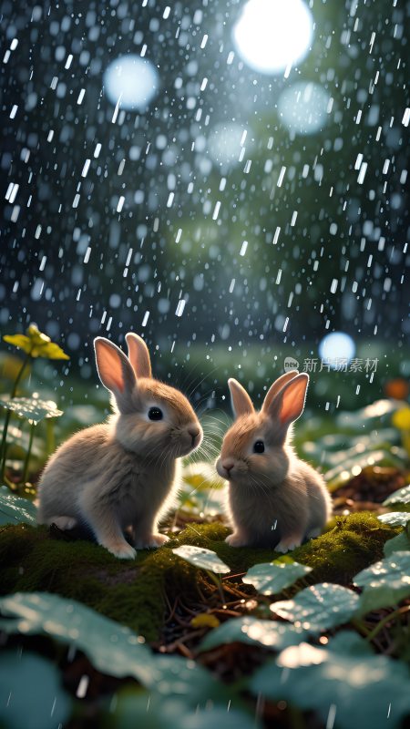 春天清明时节两只小兔子在花草丛中淋着春雨