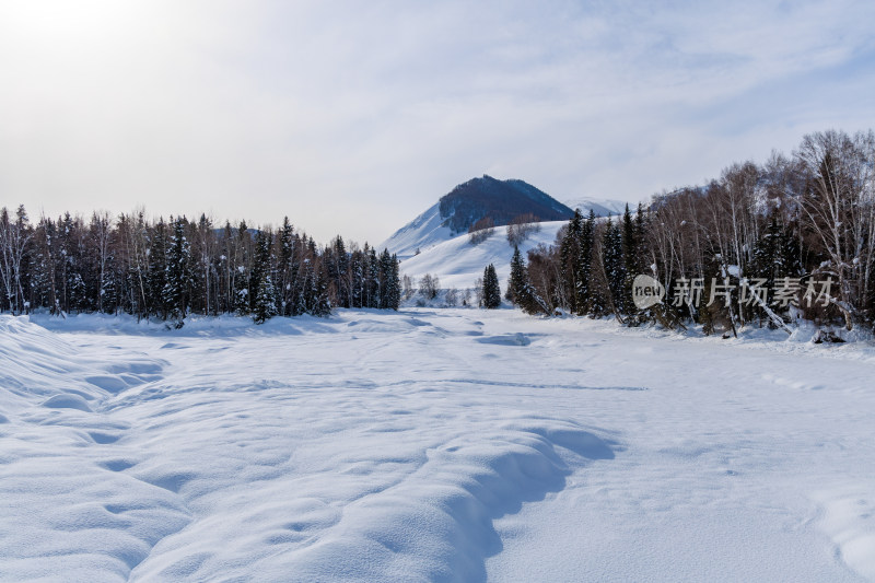 中国新疆阿勒泰禾木冬季雪景白雪覆盖禾木村