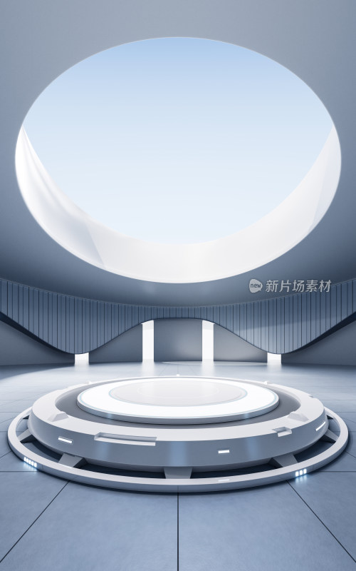 圆形建筑与室内科技展示台3D渲染