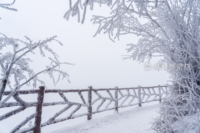 寒冷冬季景区雪后栈道