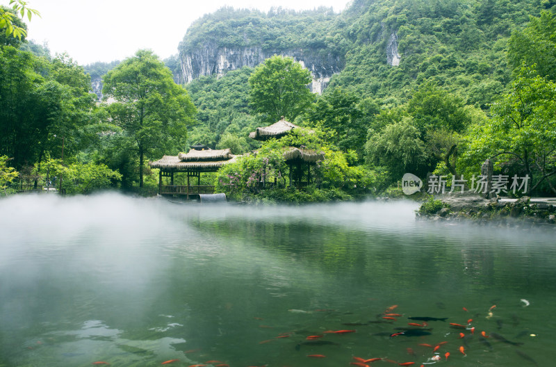 山水间池塘锦鲤与茅草亭景观