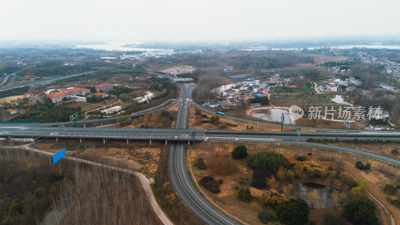 安徽六安西高速入口公路立交桥航拍全景